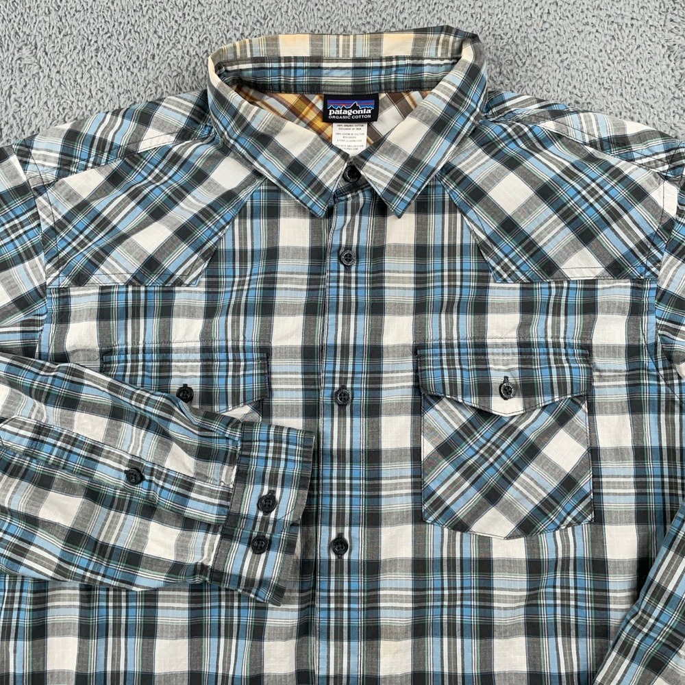 Patagonia Shirt Mens Large Blue Plaid Organic Cotton Long Sleeve Good Outdoor